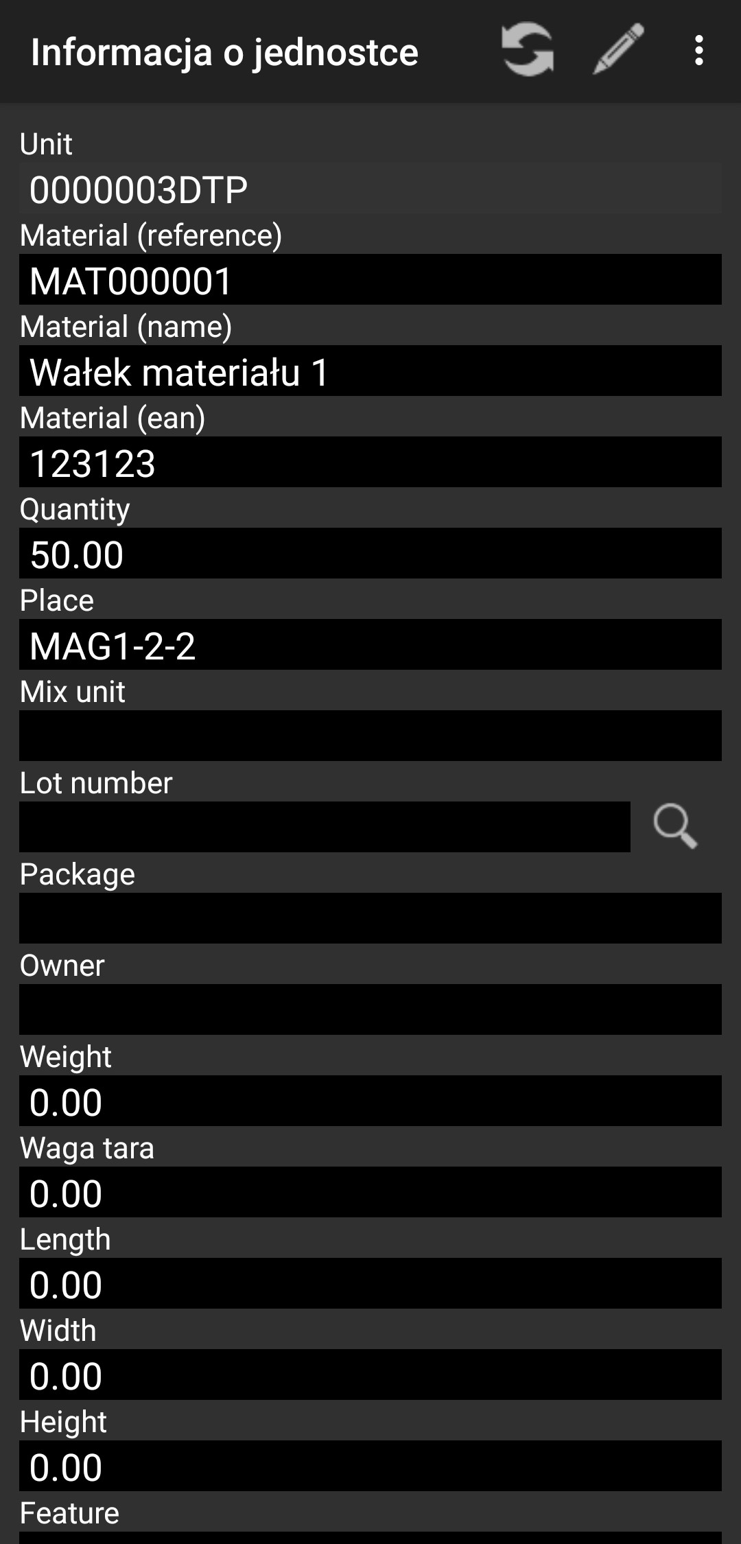 Detailed information about logistic unit