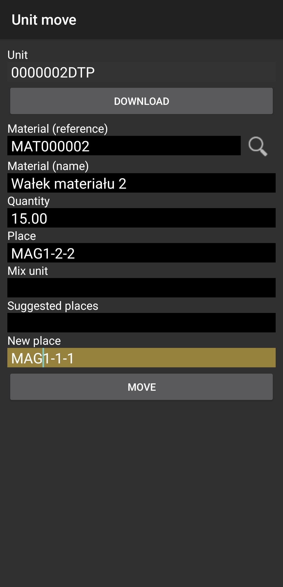 Form to enter a new location for the unit