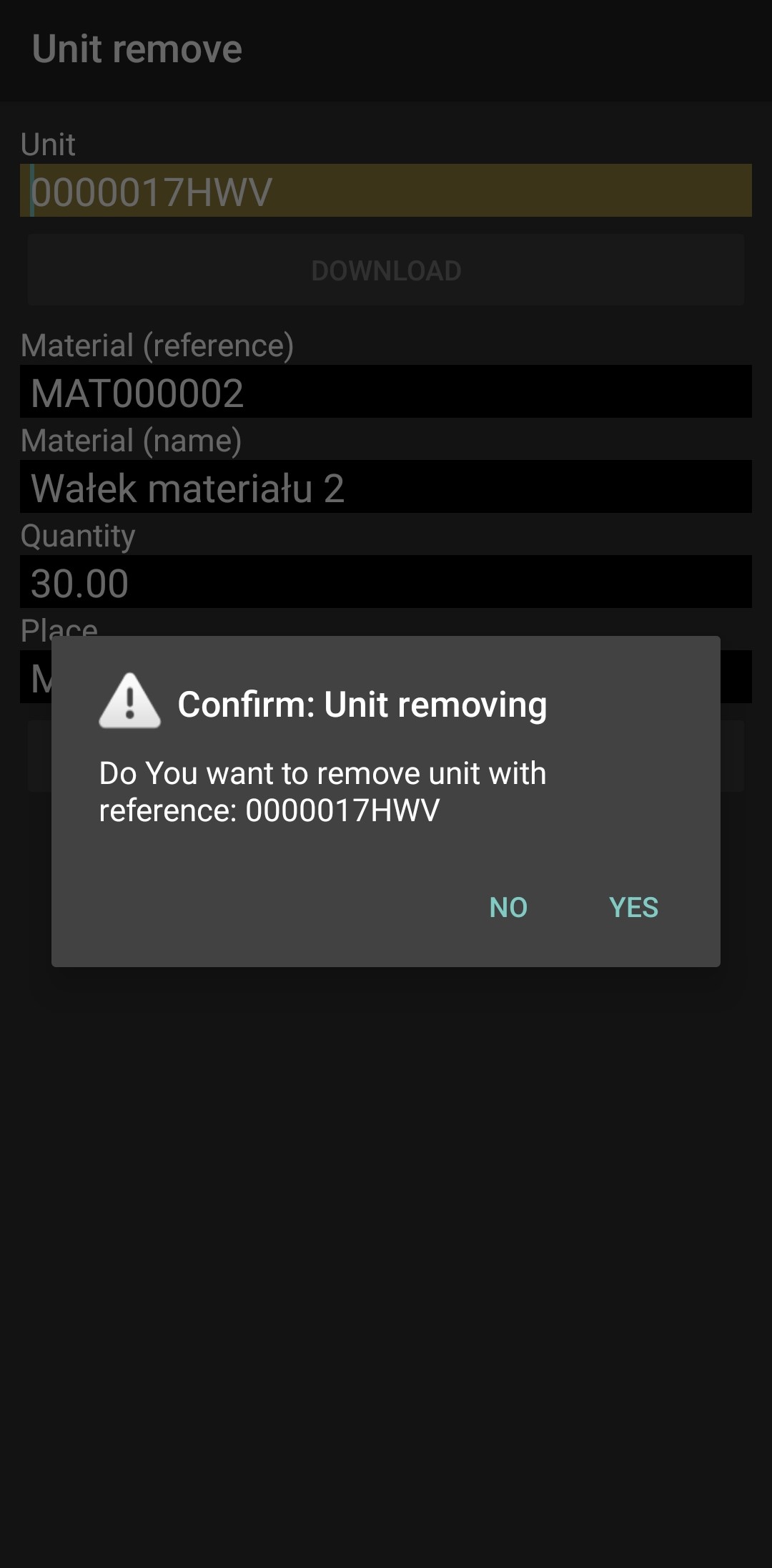 Confirmation prompt to delete a warehouse unit