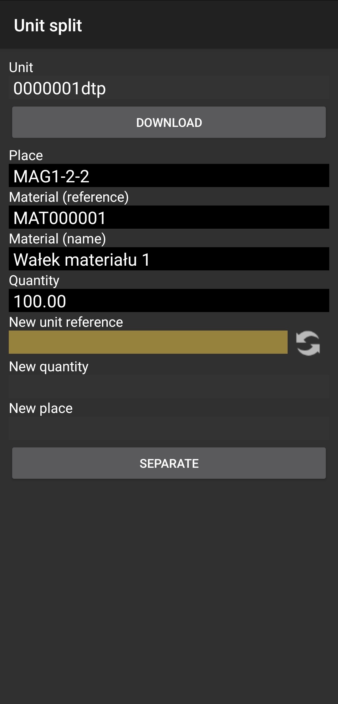 Screenshot showing the first step of splitting a unit in WMS Weaver on a mobile device