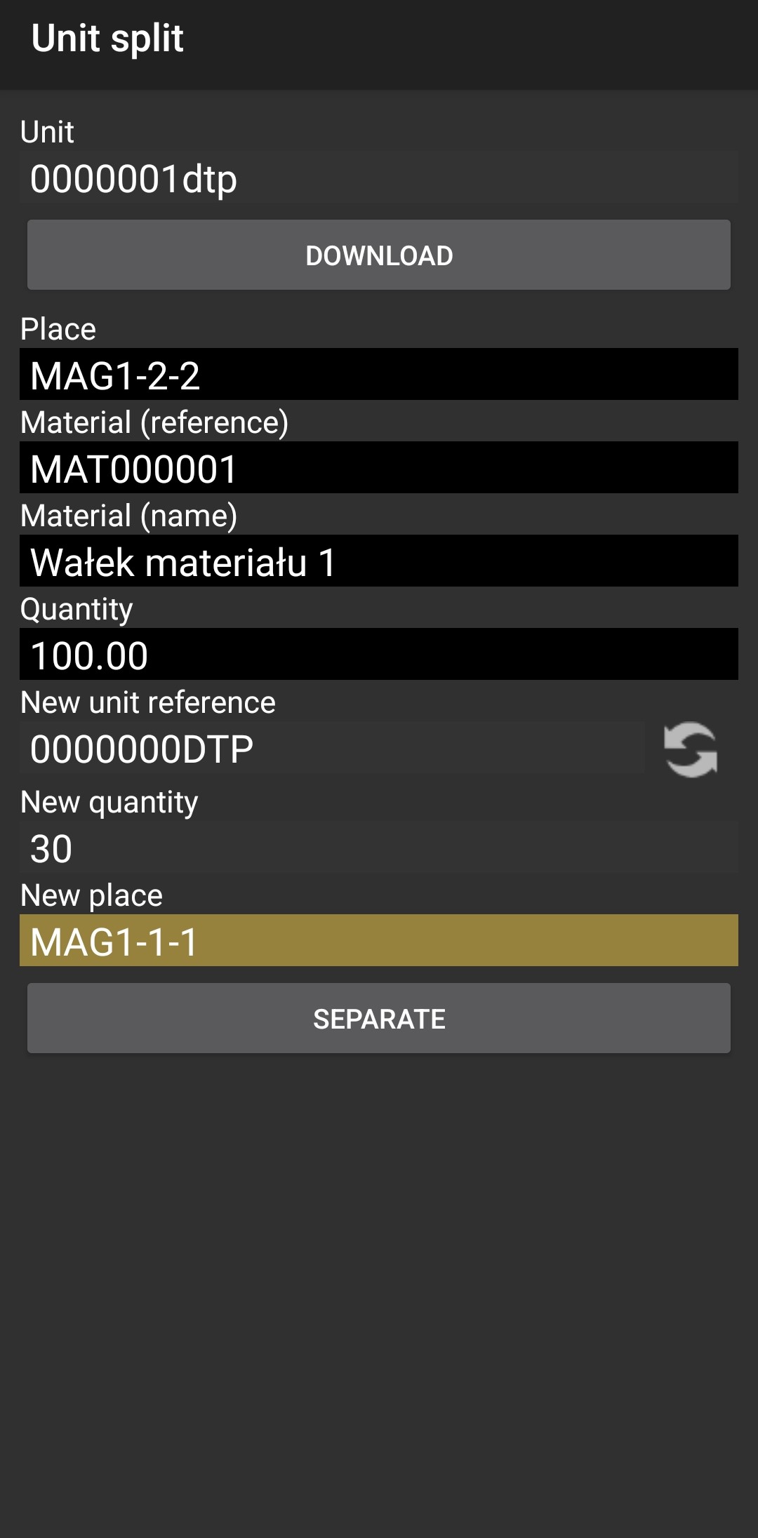 Screenshot showing the second step of splitting a unit in WMS Weaver on a mobile device