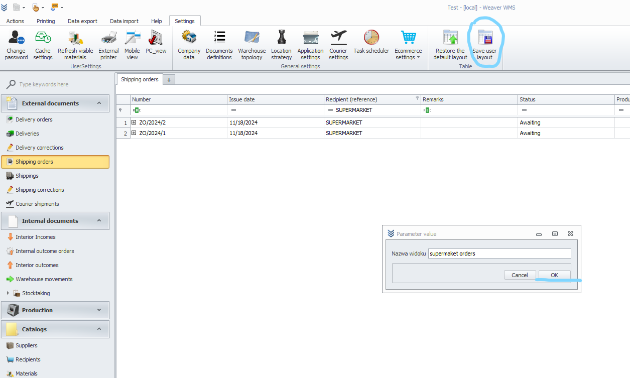 Saving a user view in the WMS Weaver system Save user view