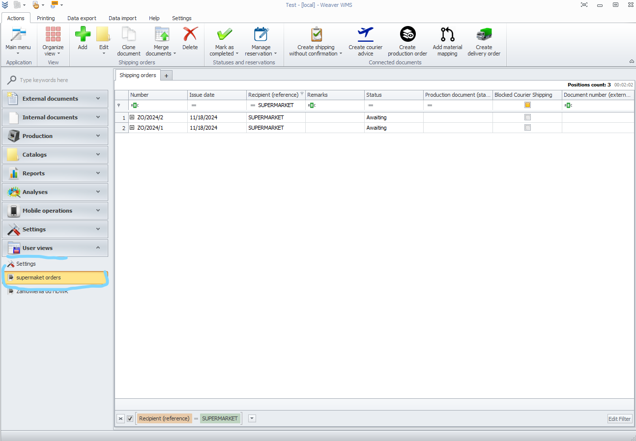 Accessing saved user views in WMS Weaver User views menu