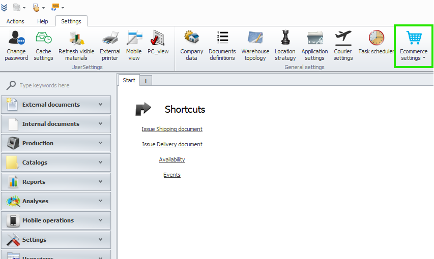 Prestashop settings icon in WMS