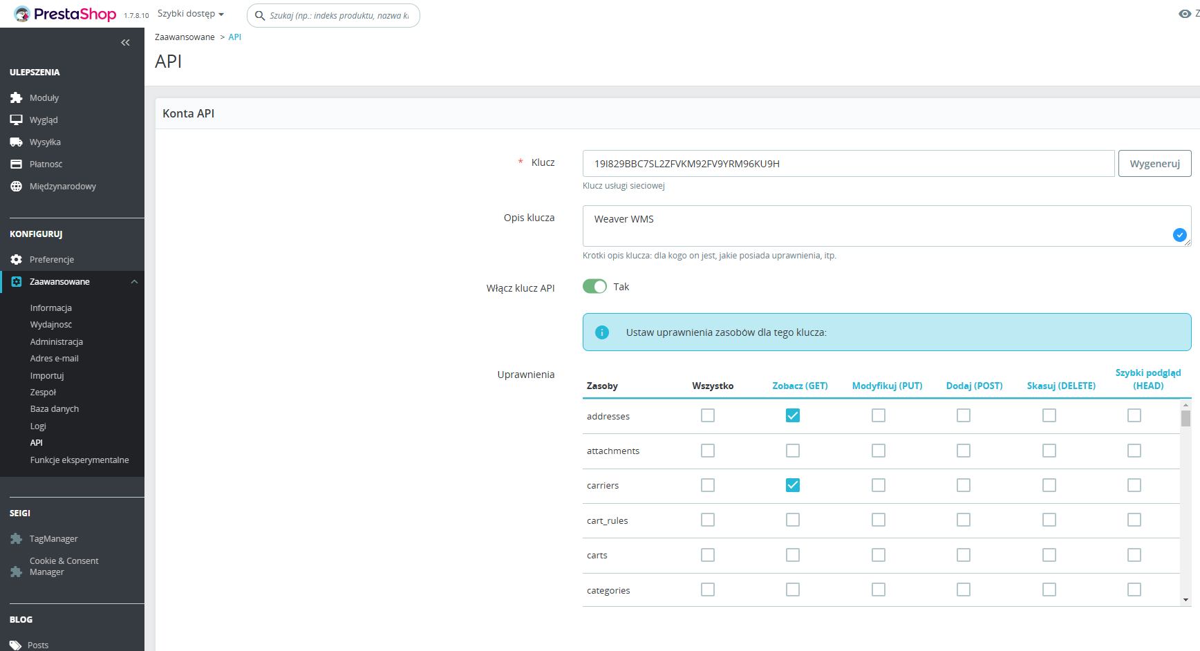 API key permissions in Prestashop