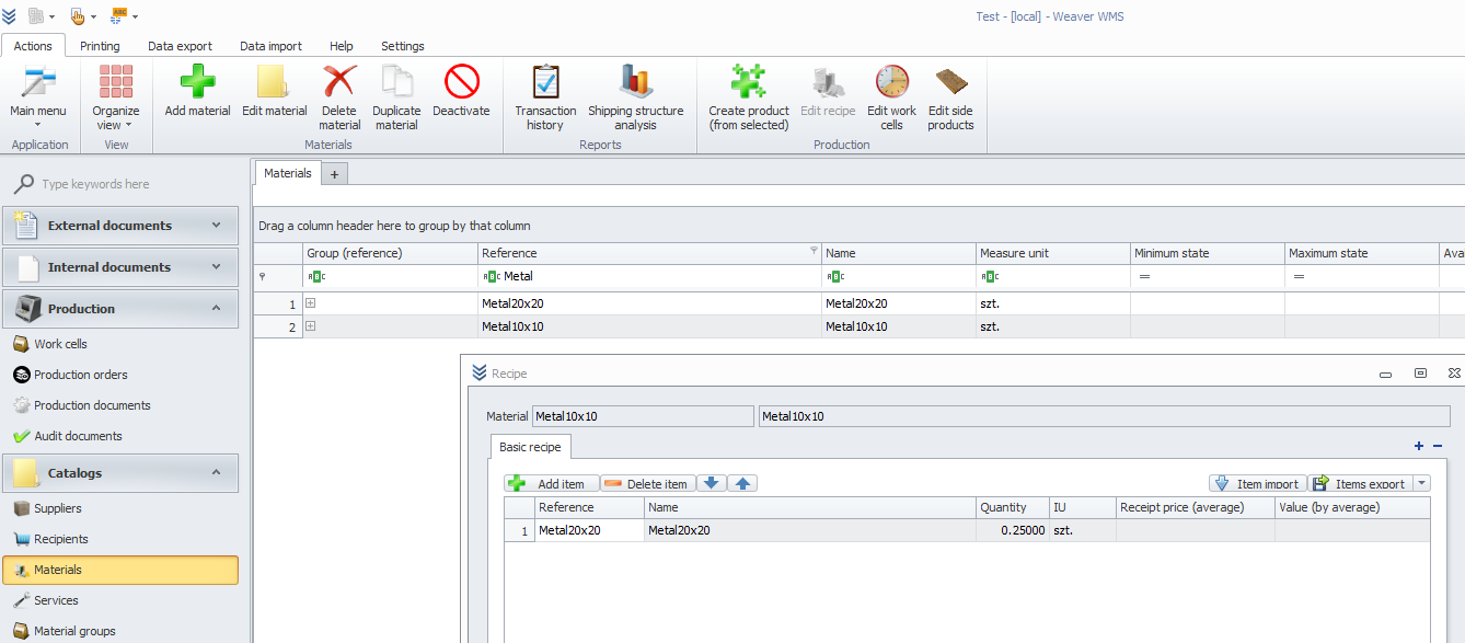 Example of a material recipe in Weaver WMS