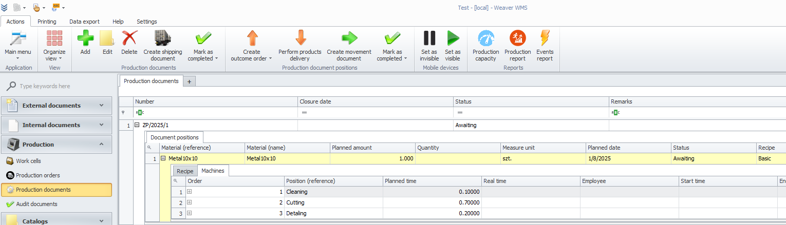 Creating a production order