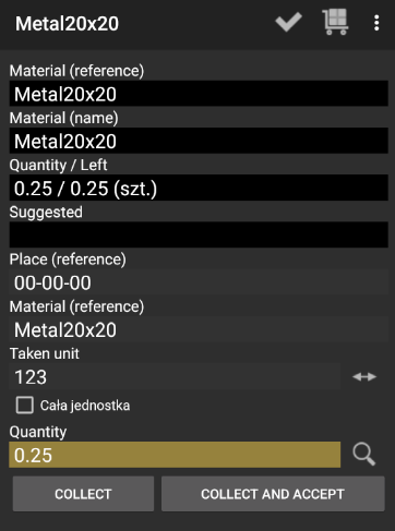 Retrieving raw materials in the mobile app