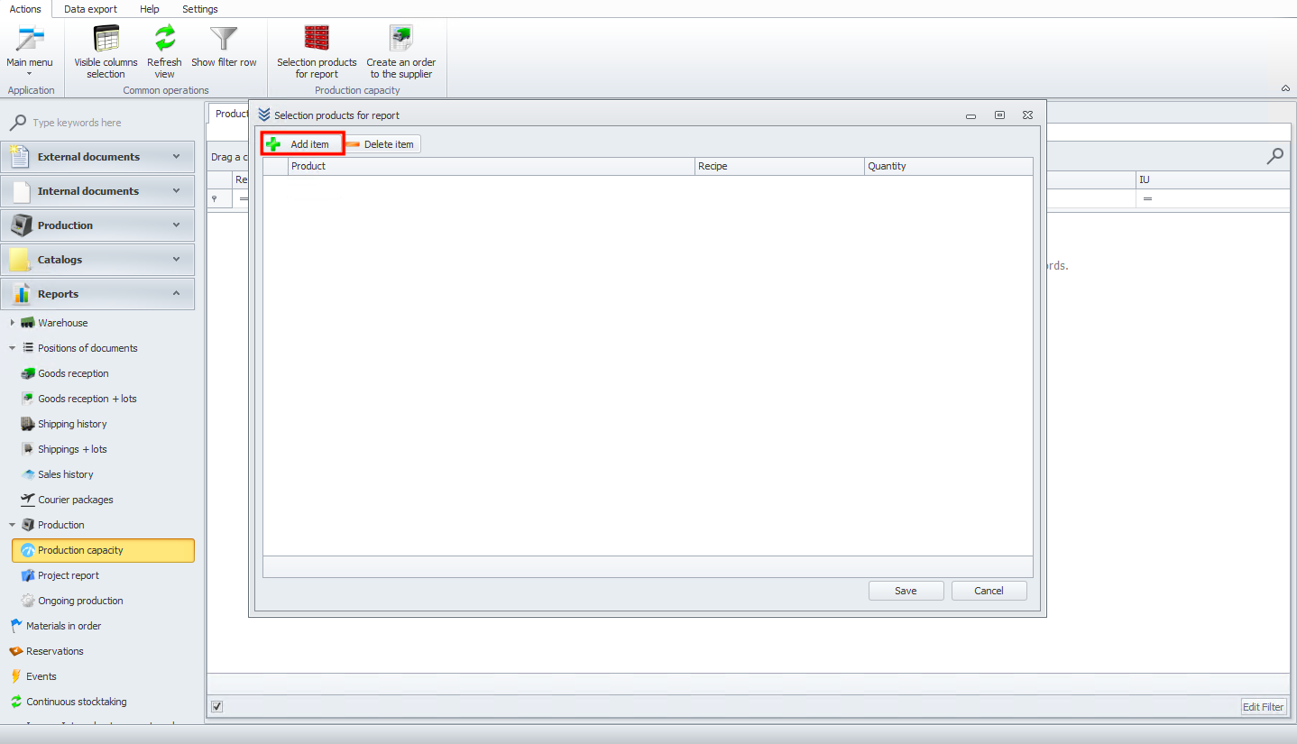 Adding an item in the production capacity module