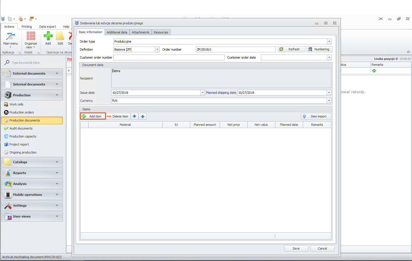 Adding an item to the document