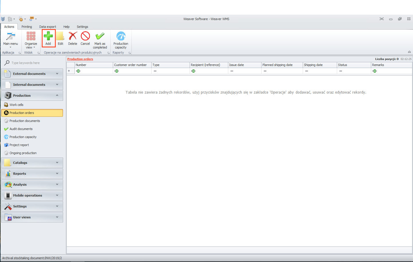 Adding a production order