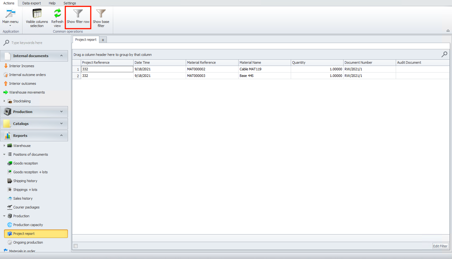 Filter row option in project reports