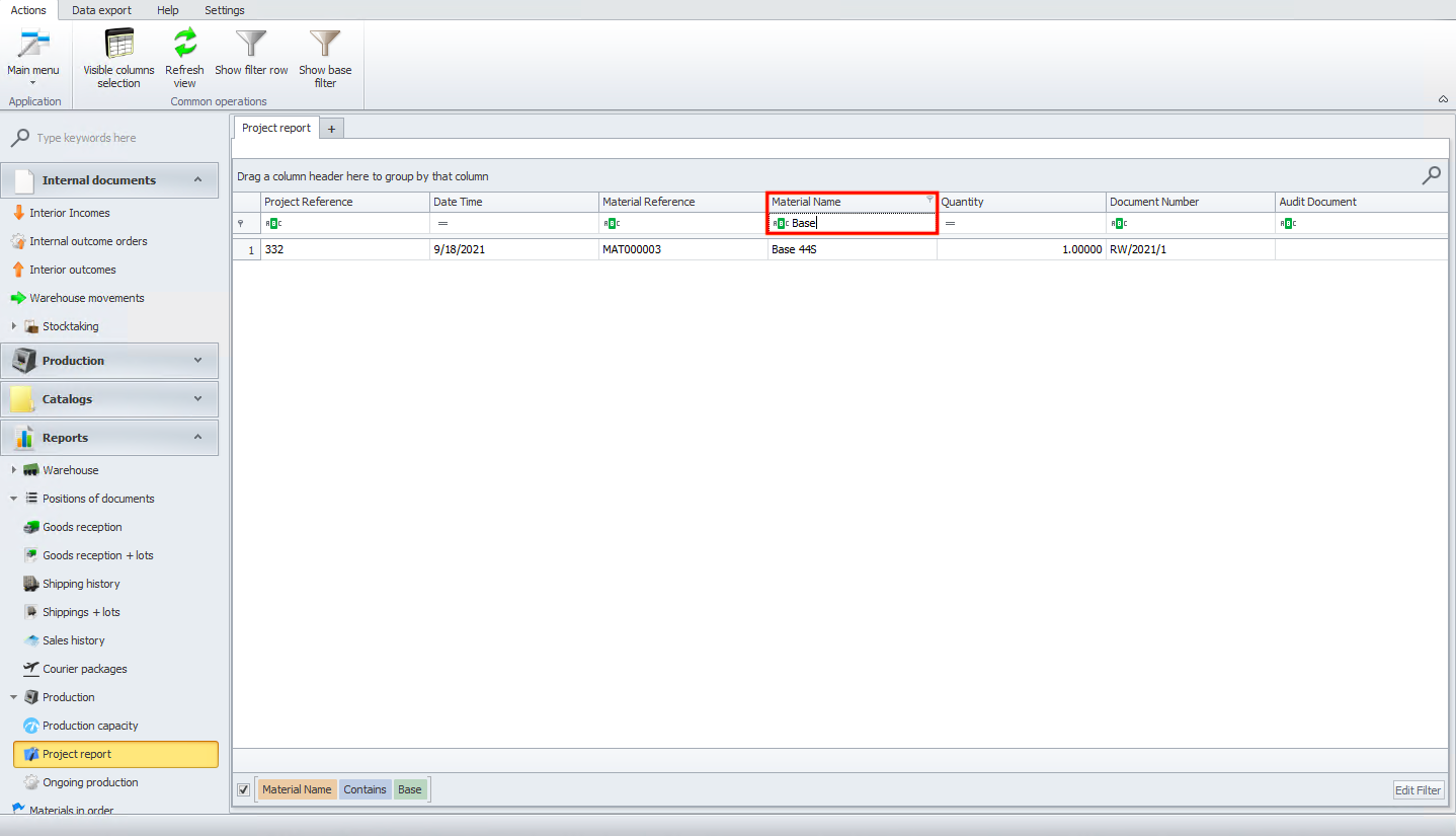 Filtered results in project reports