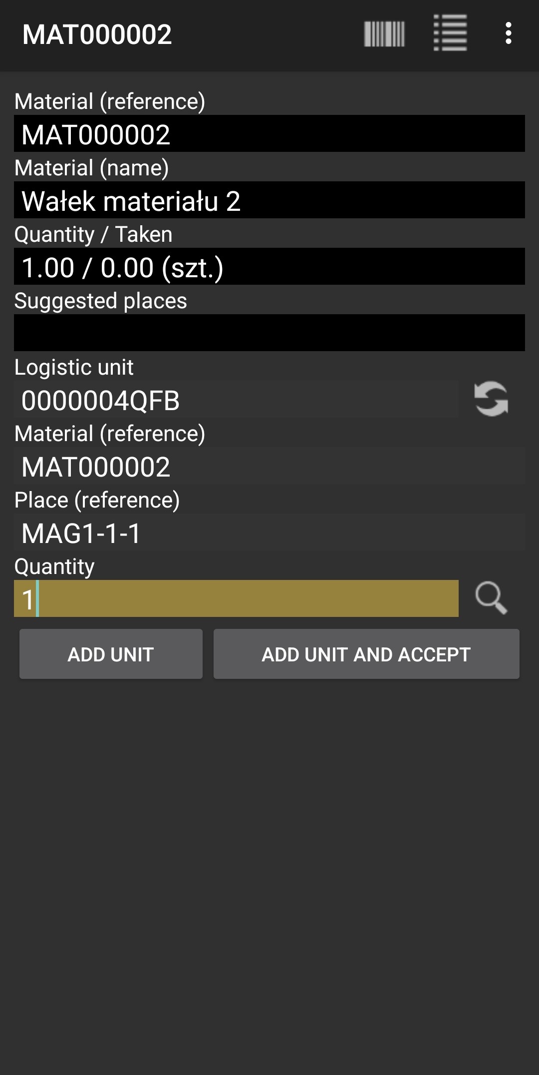Form to input logistic unit, material, place, and quantity for delivery in Weaver WMS
