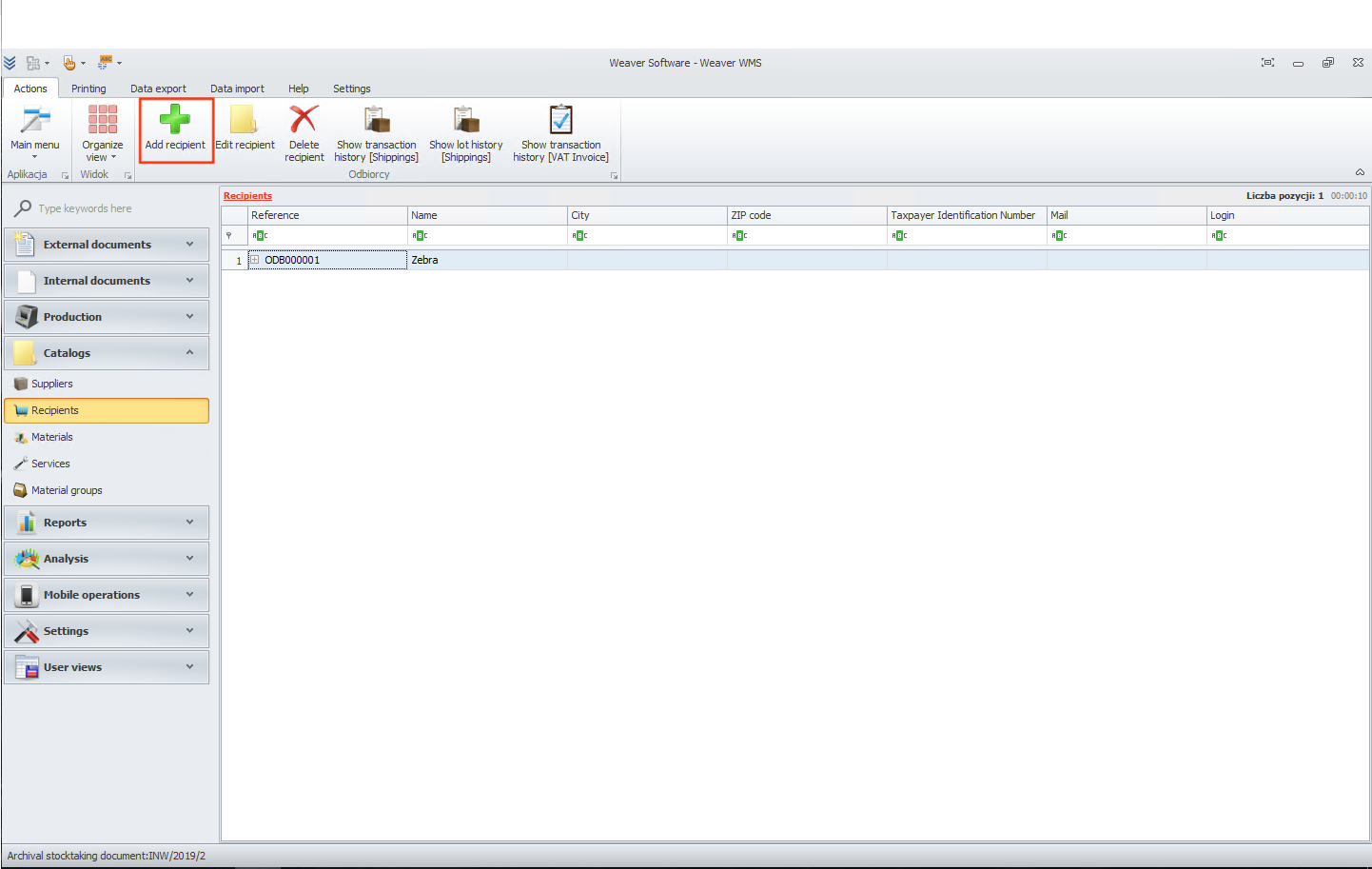 Add recipient button in the Weaver WMS system Add recipient button in Weaver WMS