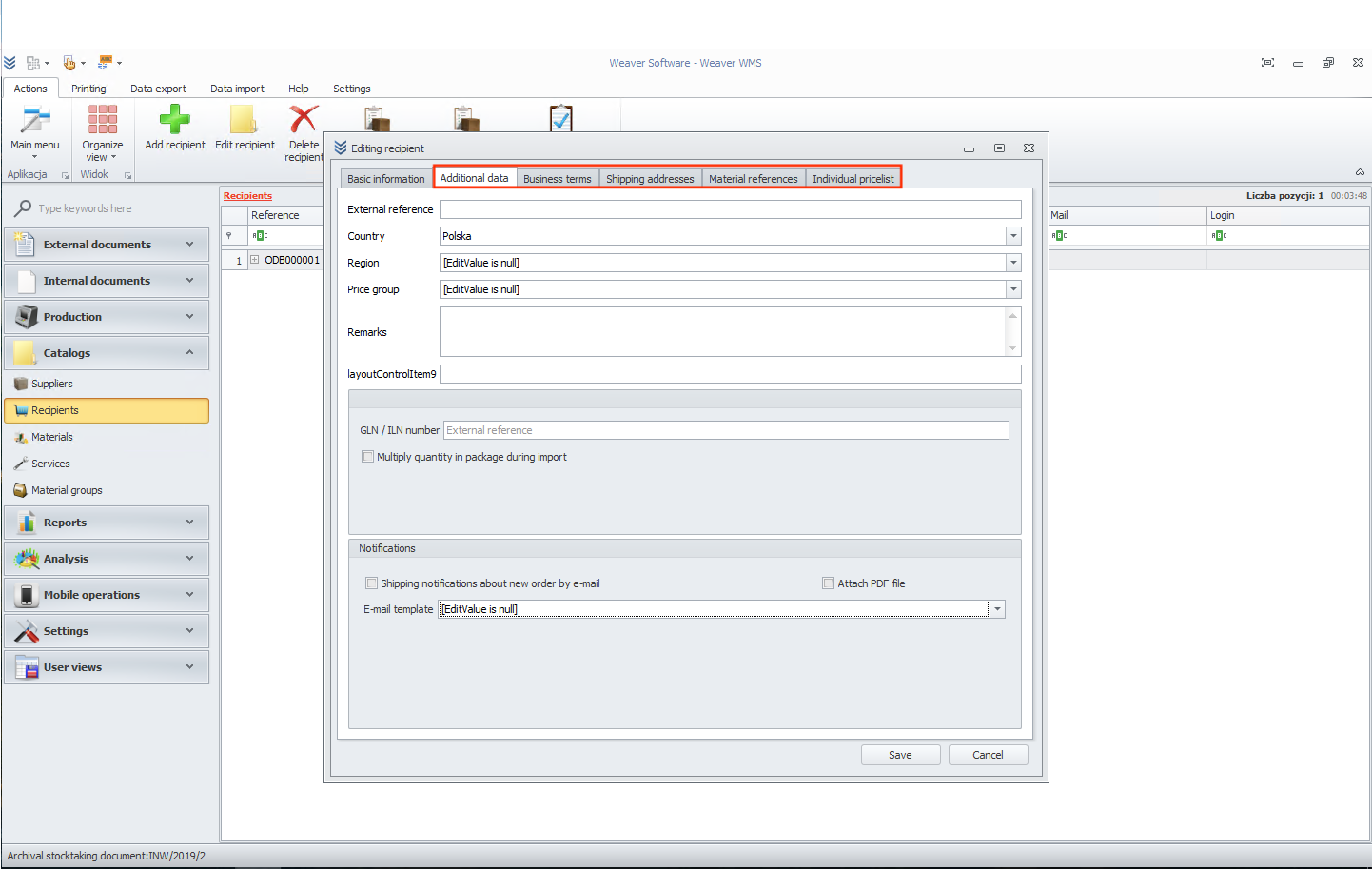 Additional information form for adding a recipient in Weaver WMS Additional information form for recipient