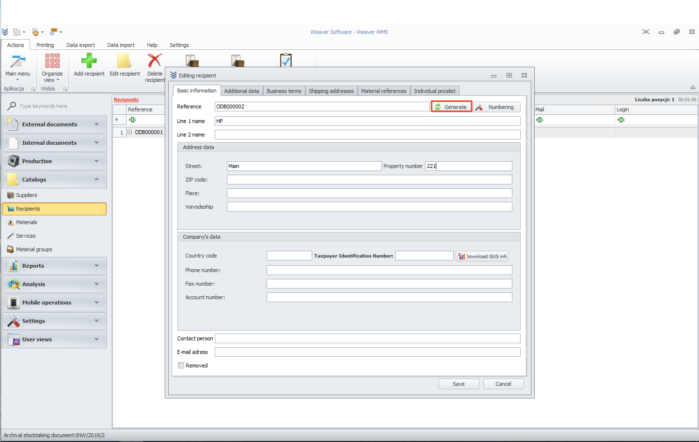 Basic information form for adding a recipient in Weaver WMS Basic information form for recipient