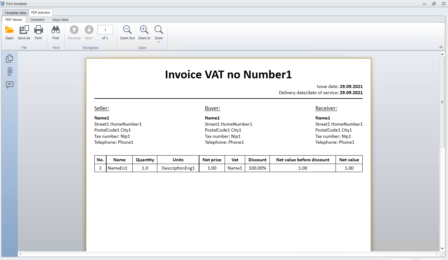 Example printout of a template