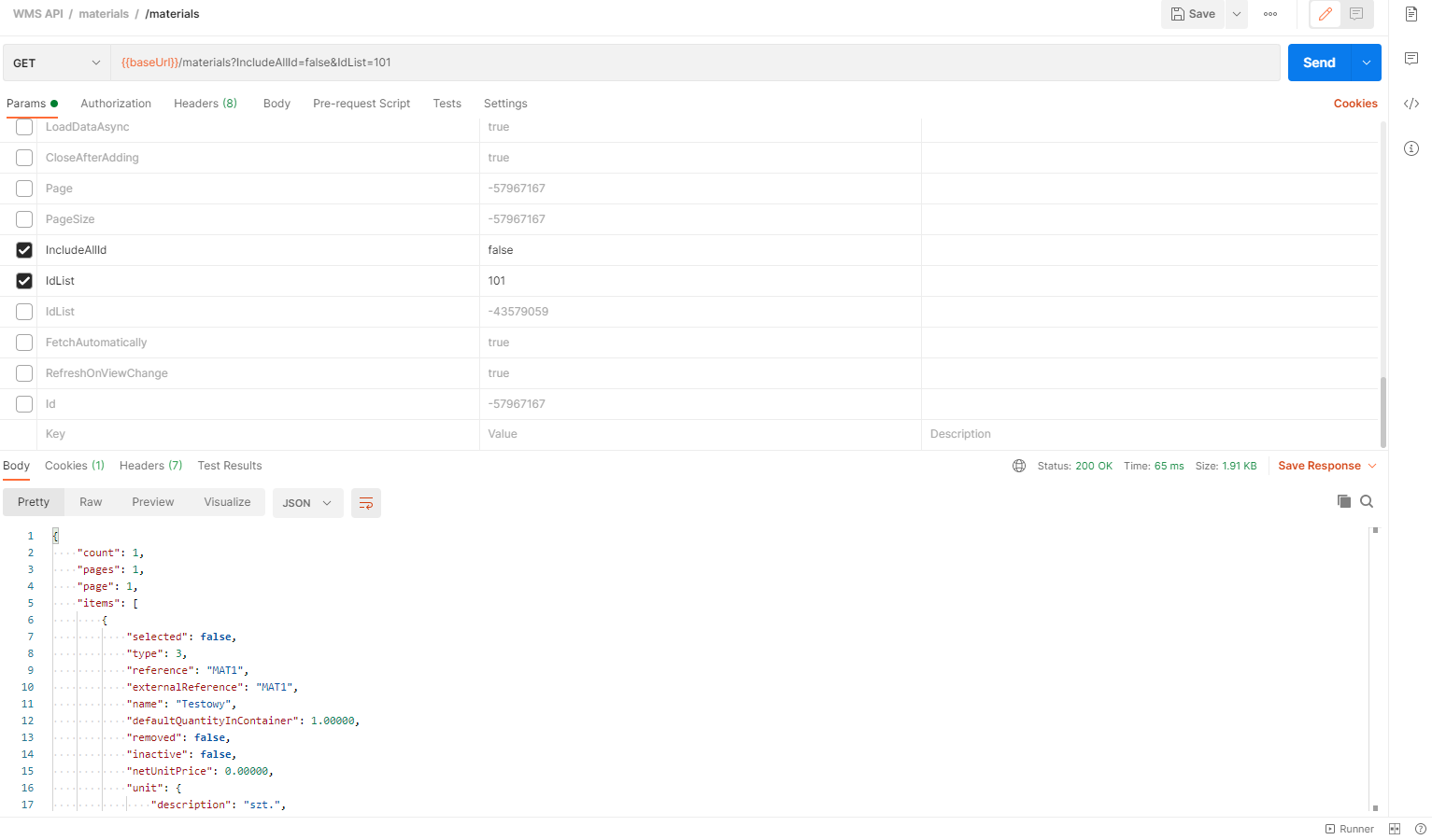 Retrieving Materials Data in Postman