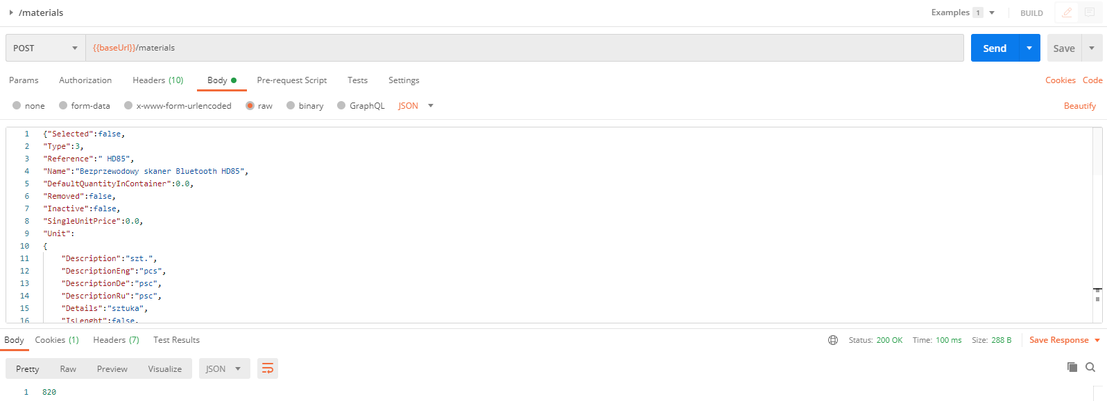 Adding Material Request in Postman