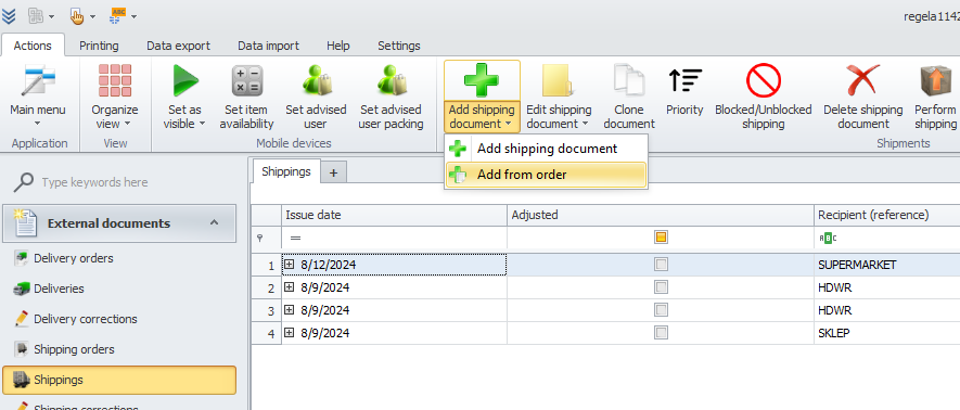 Shippings Tab in WMS Weaver Shippings Tab