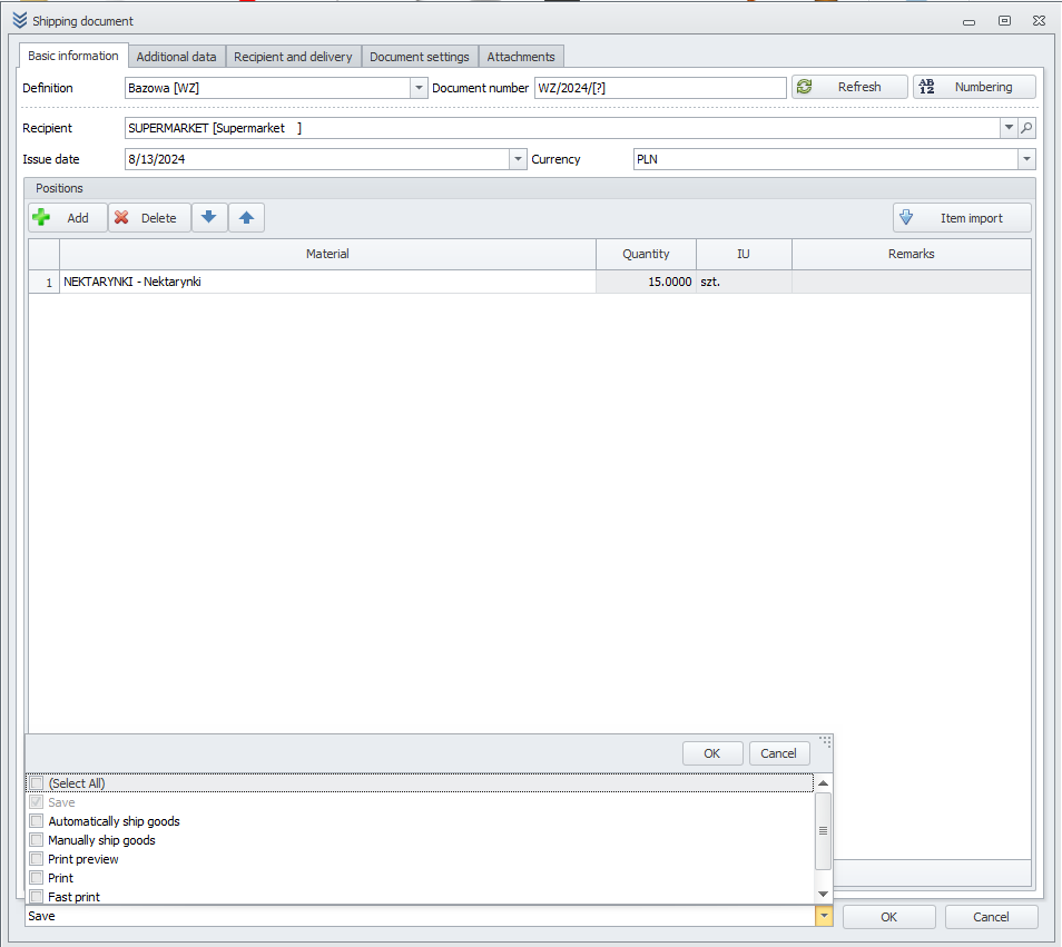 Window to add an External Shipment in WMS Weaver Add External Shipment