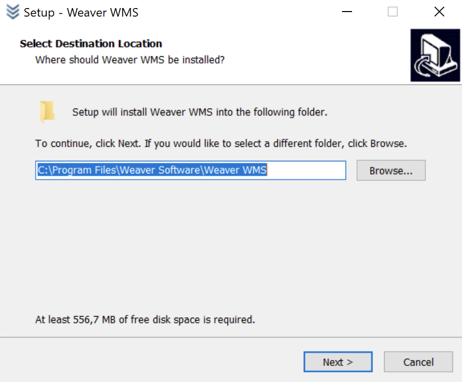Destination selection during Weaver WMS installation