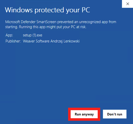 Windows warning: Run anyway