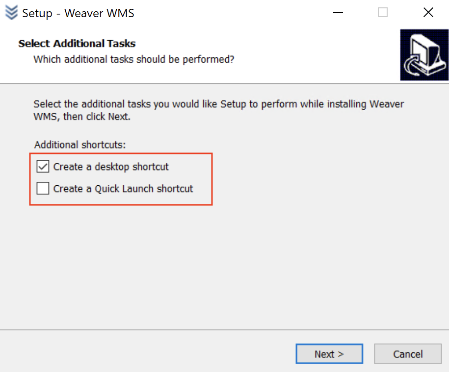 Shortcut options during Weaver WMS installation