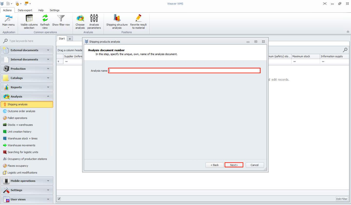 Entering analysis name