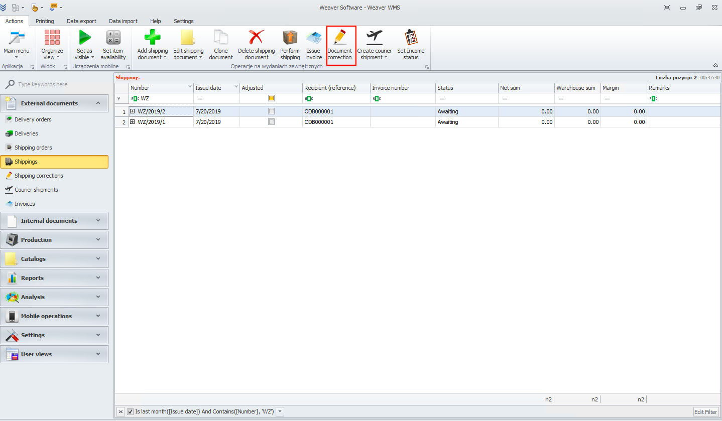 Shipping corrections document