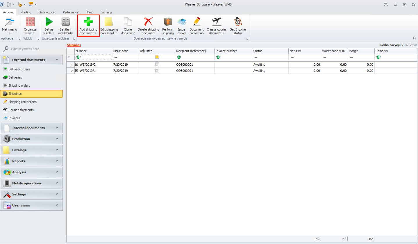 Adding a shipping document