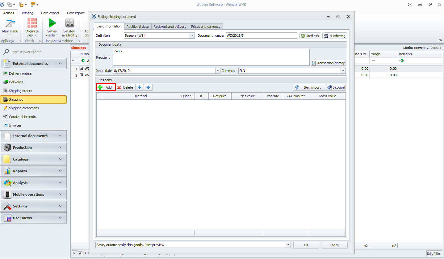 Adding materials to the shipping document