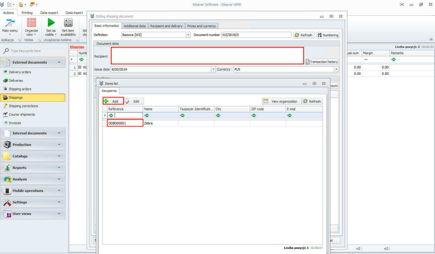 Choosing a recipient for the shipping document