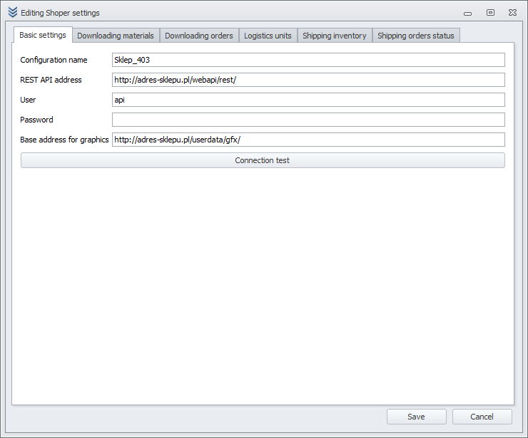 Shoper configuration window