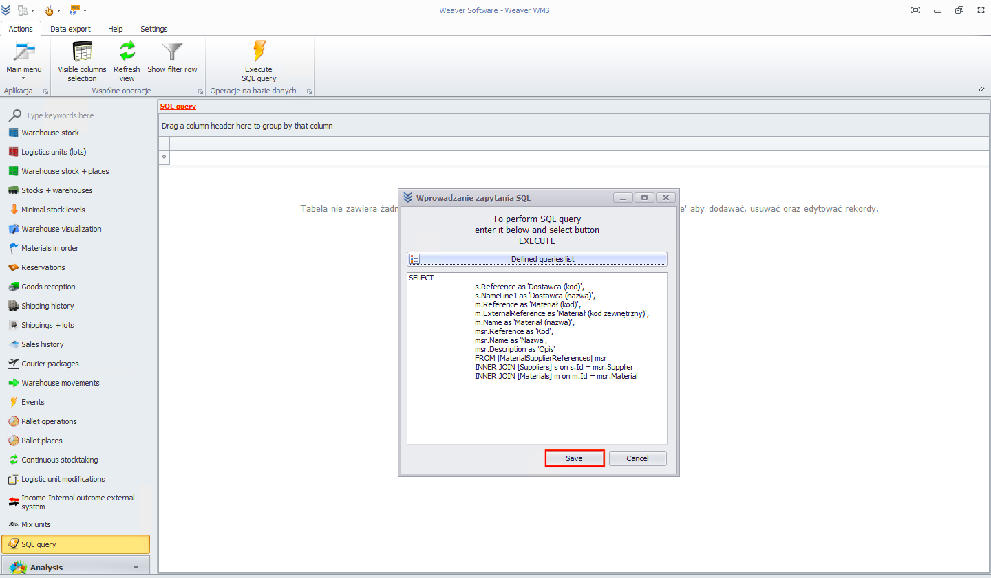 Saving the SQL query