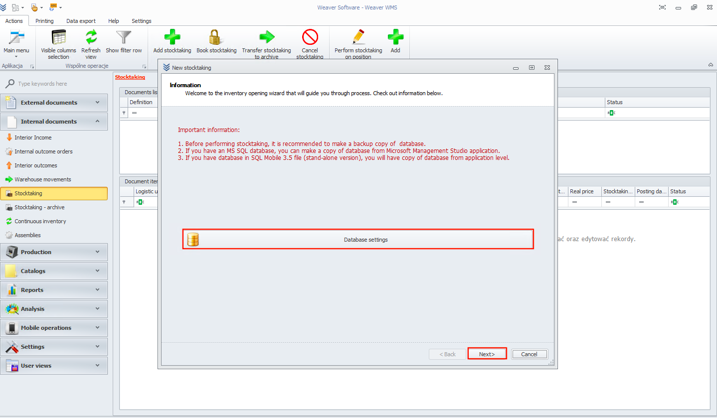 Database settings