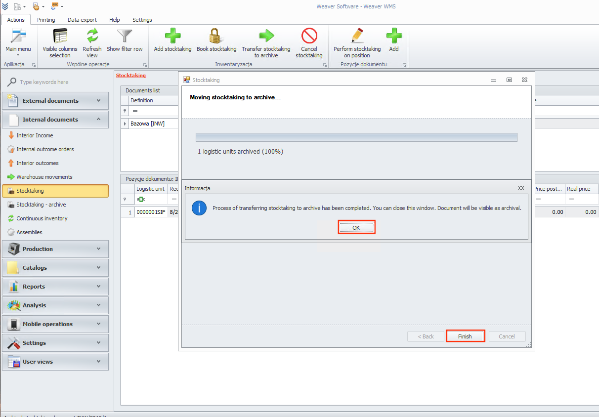 Finishing stocktaking archive transfer