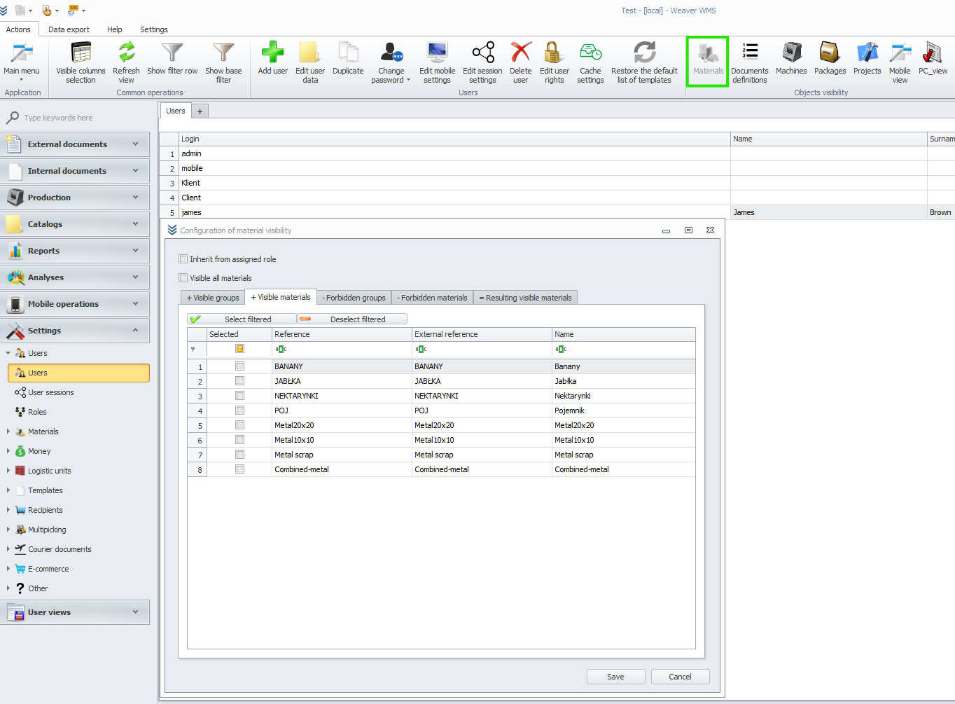 Configuring material visibility