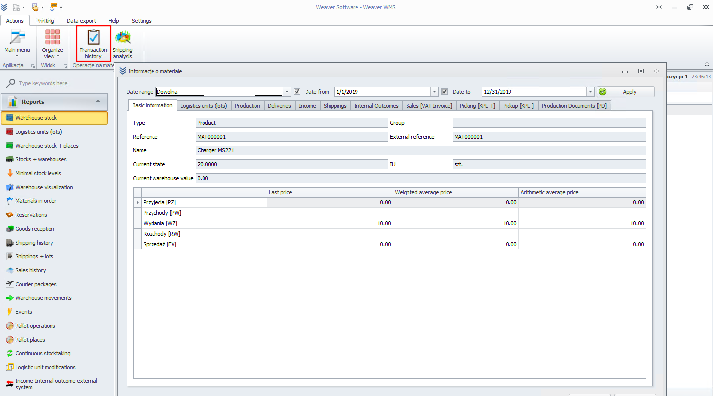 Material transaction history