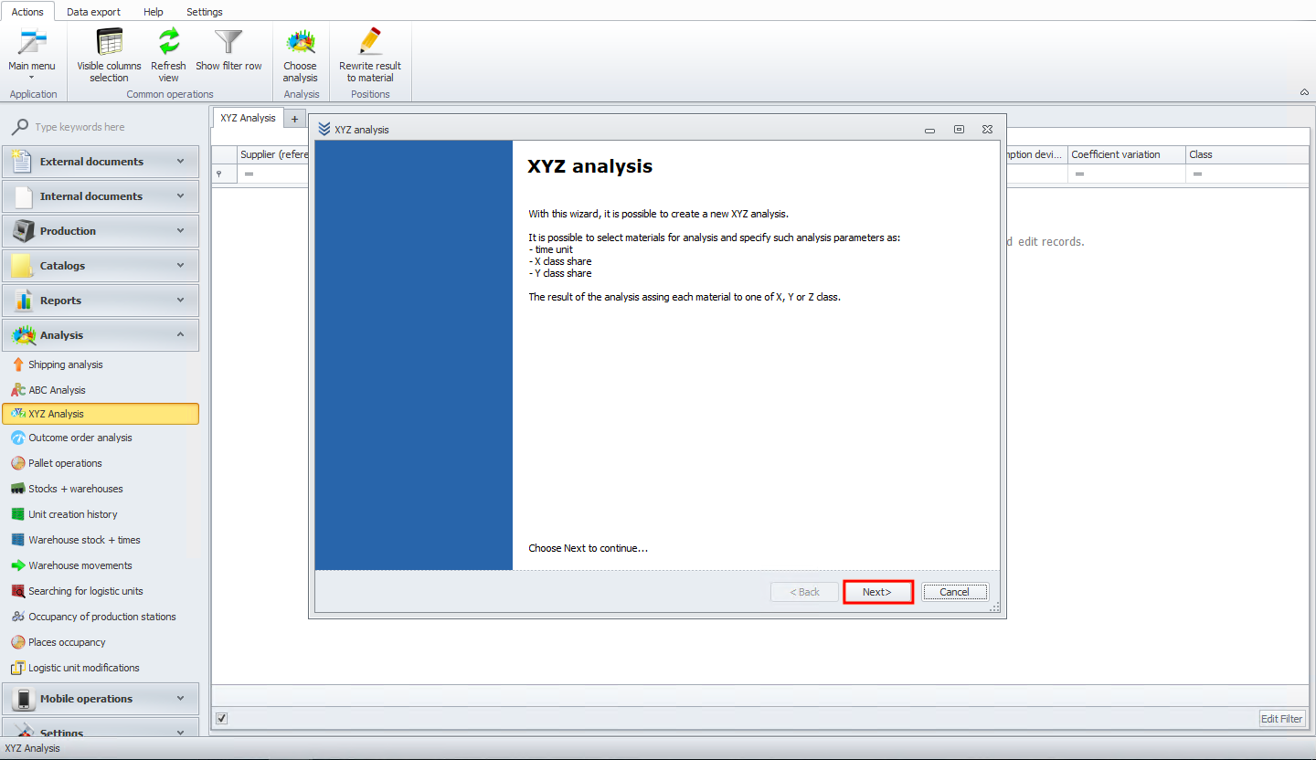 XYZ Analysis Wizard Window