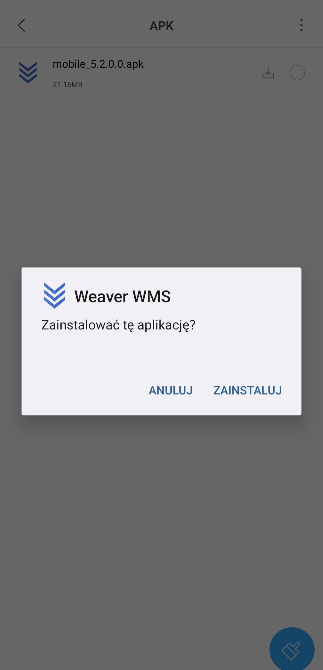 Ekran instalacji pliku .apk dla WMS Weaver