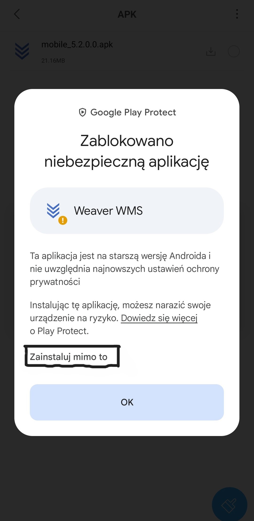 Ekran z ostrzeżeniem o instalacji aplikacji spoza sklepu
