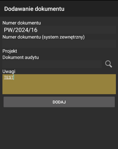 Wprowadzenie numeru dokumentu i uwag