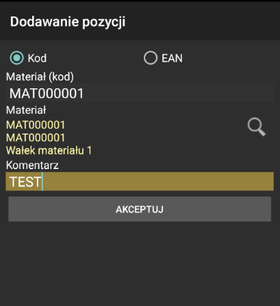 Skanowanie kodu materiału lub wybór z listy
