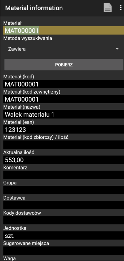 Szczegóły materiału w systemie WMS Weaver