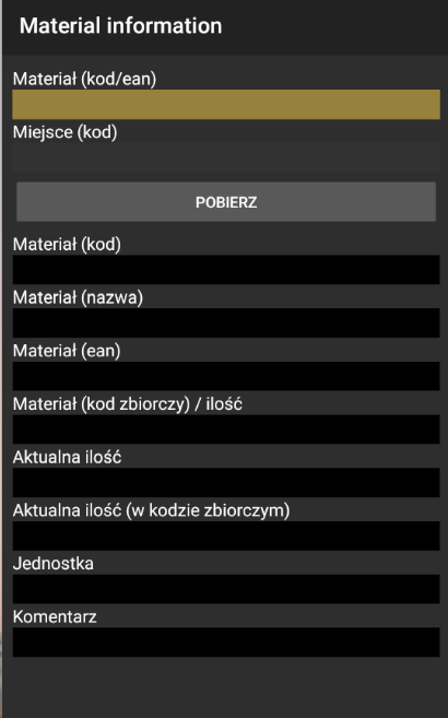 Informacje o materiale na określonym miejscu
