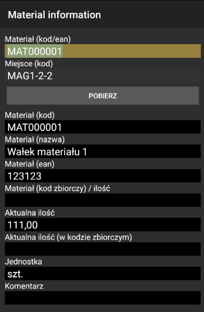 Szczegóły materiału w systemie WMS Weaver