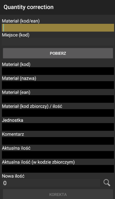 Wprowadź miejsce i materiał do korekty ilości