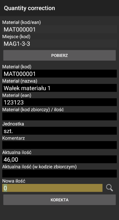 Wprowadź nową ilość i zatwierdź korektę